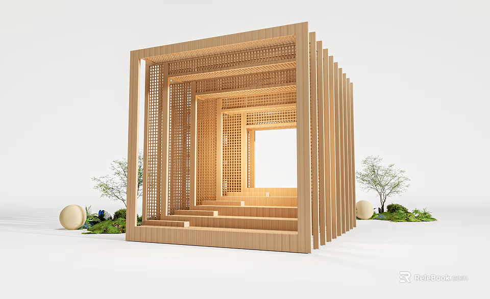 Wooden Pavilion With Lattice Design Steps And Small Round Ornaments 3d model 