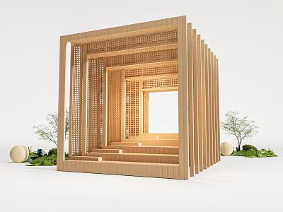 Wooden Pavilion With Lattice Design Steps And Small Round Ornaments 3d model