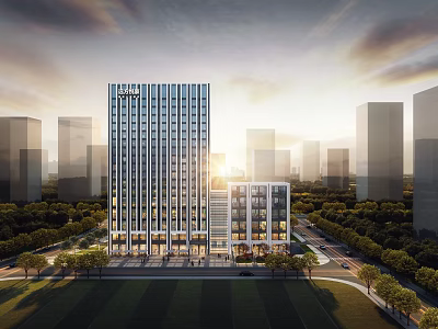 Modern Office Building With Glass Facade Green Surroundings And Urban Skyline Under Warm Sunlight 3d model