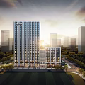 Modern Office Building With Glass Facade Green Surroundings And Urban Skyline Under Warm Sunlight