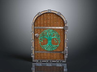 Vintage Wooden Gate With Green Tree Pattern And Metal Decorative Arched Frame 3d model