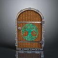 Vintage Wooden Gate With Green Tree Pattern And Metal Decorative Arched Frame