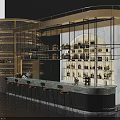 Modern Bar Interior With Curved Counter Stools And Shelves Filled With Bottles