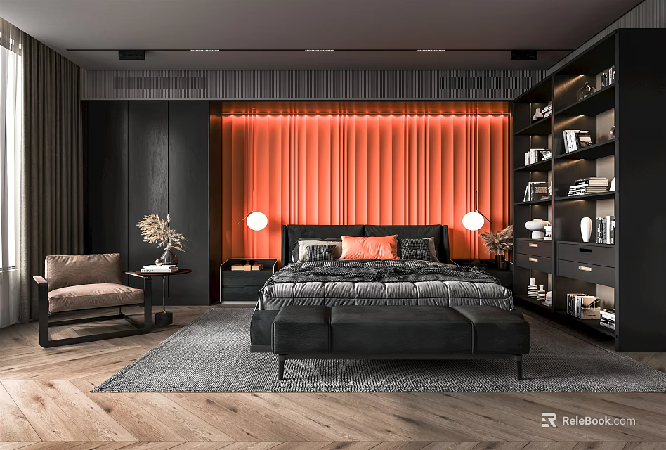 Modern Bedroom Interior With Black Bed Red Backdrop Nightstands Lamps Accent Chair And Bookshelf 3d model 