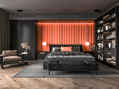 Modern Bedroom Interior With Black Bed Red Backdrop Nightstands Lamps Accent Chair And Bookshelf 3d model