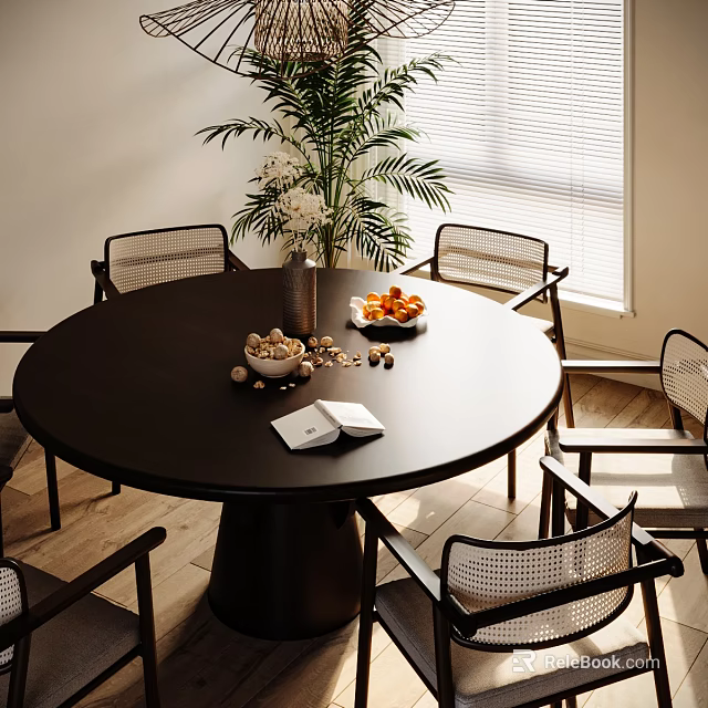 Cozy Restaurant Interior With Round Black Dining Table Woven Back Chairs And Green Plant 3d model 