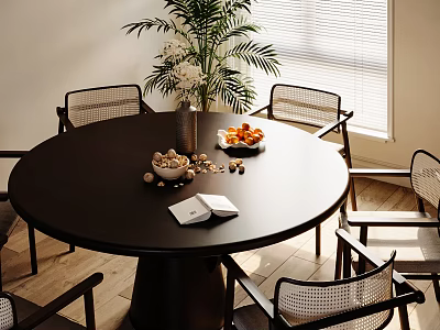 Cozy Restaurant Interior With Round Black Dining Table Woven Back Chairs And Green Plant 3d model