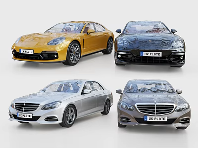 Four Luxury Sedans In Gold Black Silver And Gray Exterior Finishes 3d model