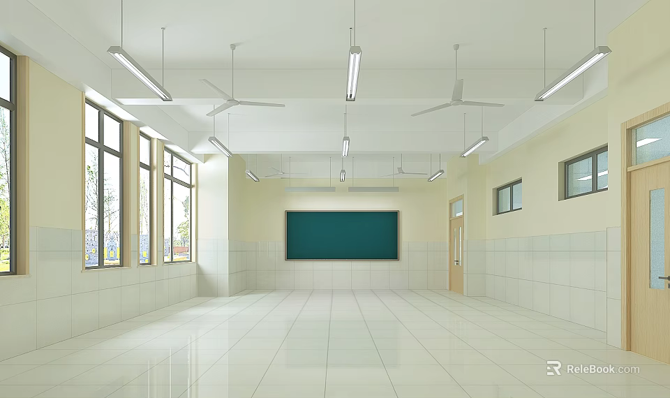 Spacious School Classroom With White Tiled Floor Green Blackboard Ceiling Fans And Long Windows 3d model 