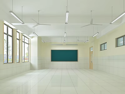 Spacious School Classroom With White Tiled Floor Green Blackboard Ceiling Fans And Long Windows 3d model