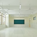 Spacious School Classroom With White Tiled Floor Green Blackboard Ceiling Fans And Long Windows