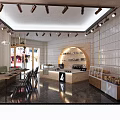 Modern Dessert Shop Interior With Wooden Counter Dessert Display Cases And Cozy Seating