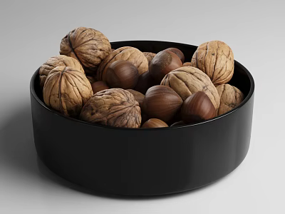 Black Bowl Filled With Fresh Mixed Walnuts And Hazelnuts Organic Nuts 3d model