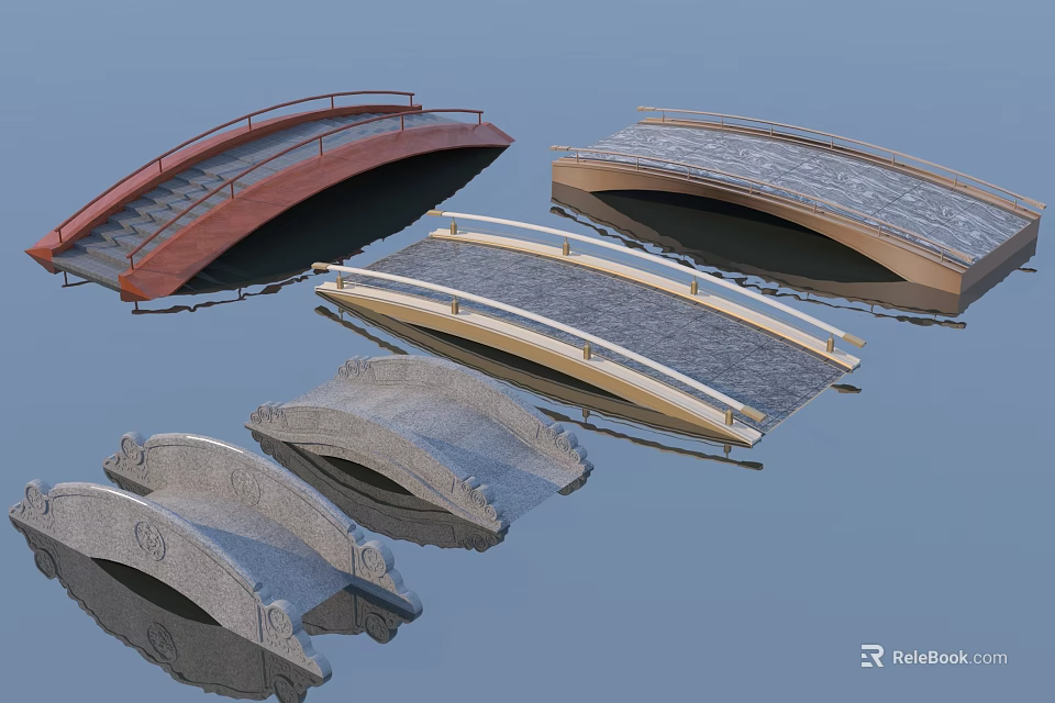 Various Landscape Bridges Design With Arched Shapes Wooden And Stone Structures 3d model 
