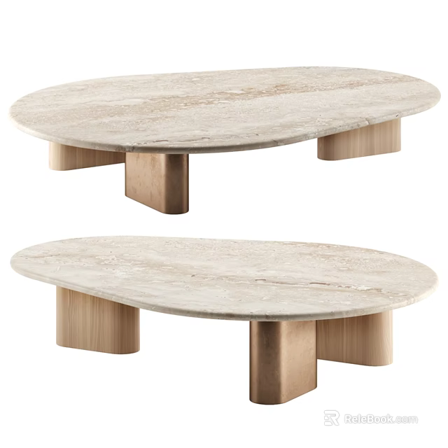 Modern Oval Coffee Table With Natural Marble Surface And Wooden Legs 3d model 
