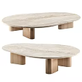 Modern Oval Coffee Table With Natural Marble Surface And Wooden Legs