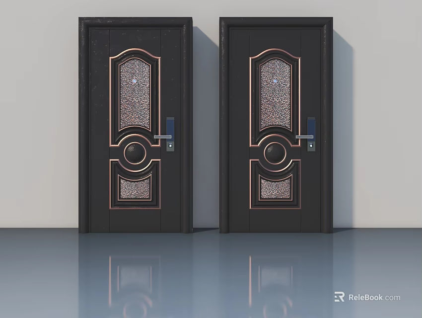 Elegant Black Swing Doors With Intricate Gold Decorative Patterns And Handles 3d model 