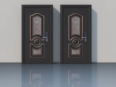 Elegant Black Swing Doors With Intricate Gold Decorative Patterns And Handles 3d model