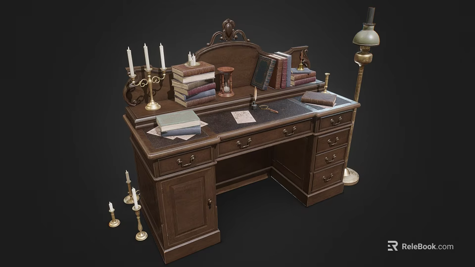 Classic Wooden Desk Featuring Stacked Books Hourglass Candle Holders and Table Lamp 3d model 