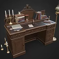 Classic Wooden Desk Featuring Stacked Books Hourglass Candle Holders and Table Lamp