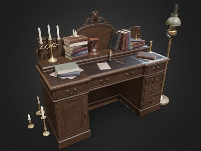 Classic Wooden Desk Featuring Stacked Books Hourglass Candle Holders and Table Lamp 3d model