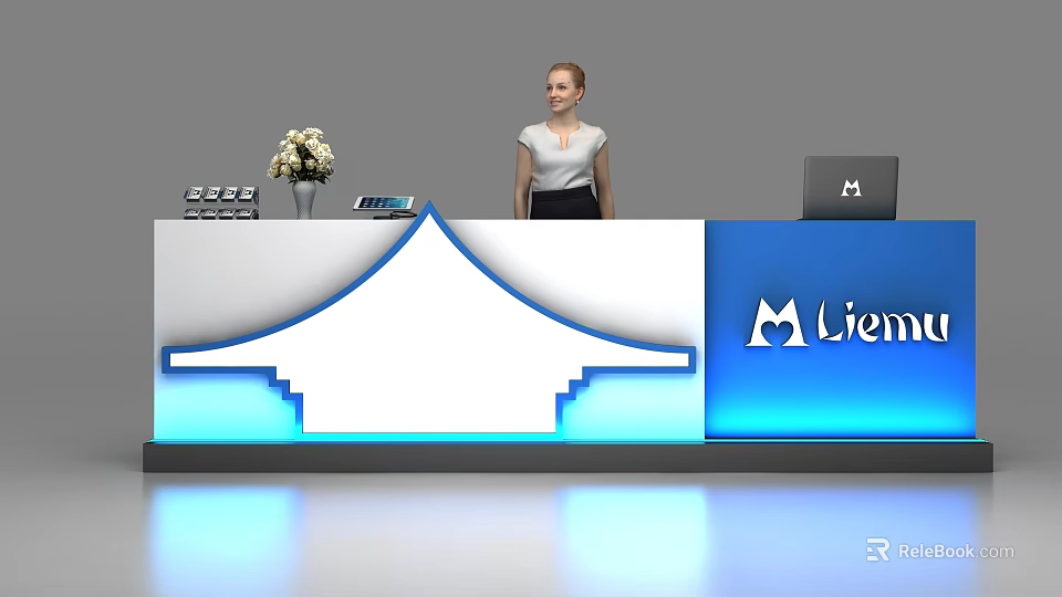 Modern Reception Desk Design With Blue Lighting Flower Bouquet Phone And Liem Logo 3d model 