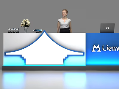 Modern Reception Desk Design With Blue Lighting Flower Bouquet Phone And Liem Logo 3d model
