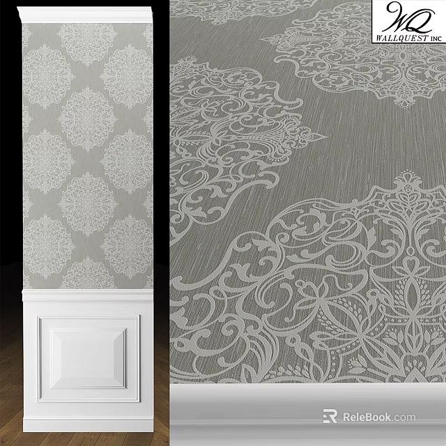 Gray Wall Components With White Patterned Wallpaper Wainscoting And Intricate Textured Floral Vine Patterns 3d model 