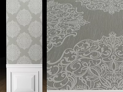 Gray Wall Components With White Patterned Wallpaper Wainscoting And Intricate Textured Floral Vine Patterns 3d model