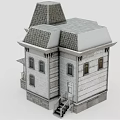 European Style Architecture Featuring White Exterior Gray Gabled Roof Multiple Windows And Front Porch Stairs