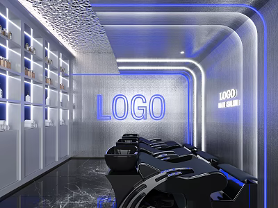 Modern Beauty Hair Salon Interior With Blue Lighting Logo Black Chairs And Product Shelves 3d model
