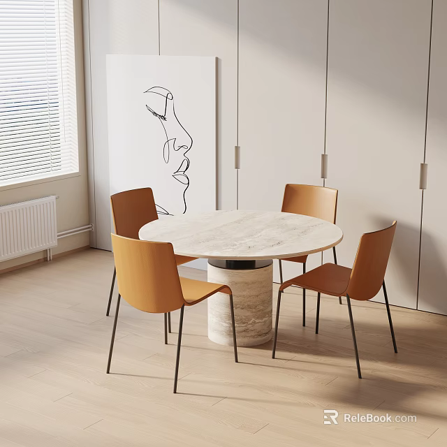 Modern Round Marble Dining Table Set with Four Orange Chairs in Light Modern Room 3d model