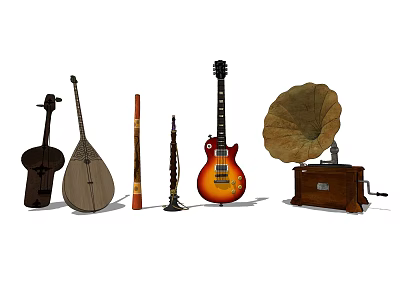 Vintage and Modern Musical Instruments Collection with Violin Mandolin Flute Saxophone and Gramophone 3d model