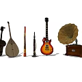 Vintage and Modern Musical Instruments Collection with Violin Mandolin Flute Saxophone and Gramophone