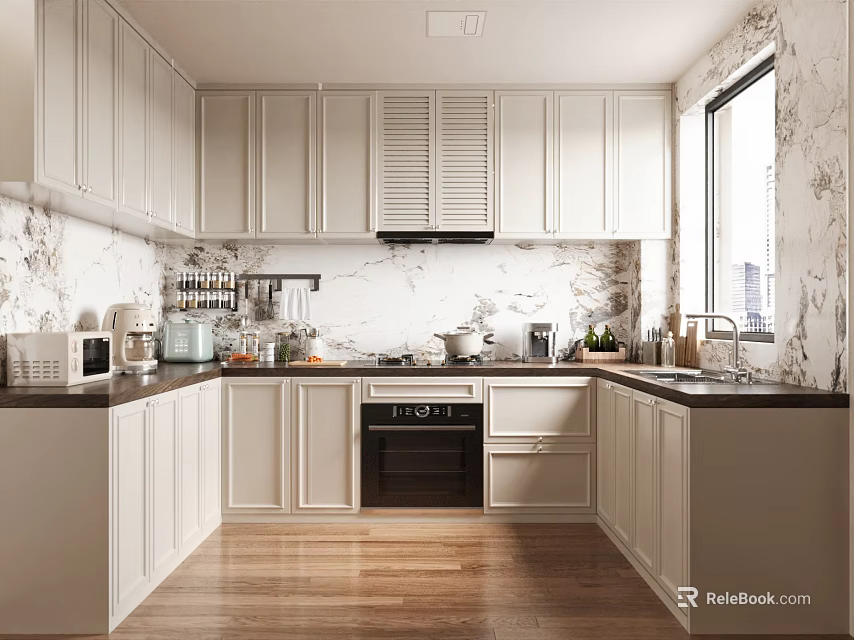 White Cabinet Kitchen With Marble Backsplash Wooden Floor And Appliances 3d model 