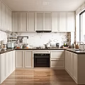 White Cabinet Kitchen With Marble Backsplash Wooden Floor And Appliances