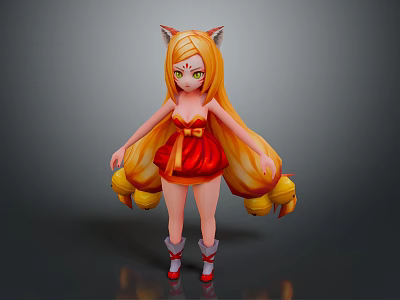 Game And Movie Character With Fox Ears Long Golden Hair And Red Dress 3d model