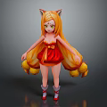 Game And Movie Character With Fox Ears Long Golden Hair And Red Dress