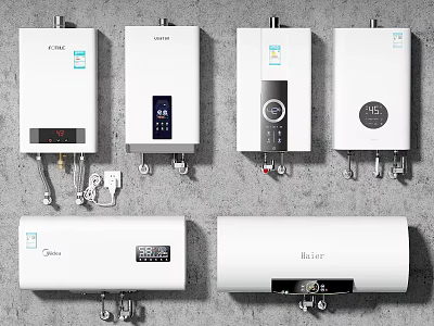 Various Branded Water Heaters Displayed On Wall 3d model