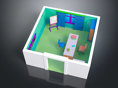 Cartoon Style Classroom Interior With Table Chairs Whiteboard Green Floor And Blue Window 3d model