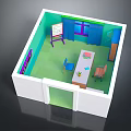 Cartoon Style Classroom Interior With Table Chairs Whiteboard Green Floor And Blue Window