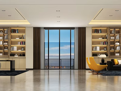 Modern Office Interior With Large Windows Bookshelves Sofa And Yellow Chair 3d model
