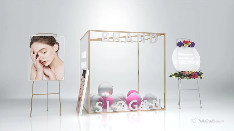 Branded Display Stand With Golden Frame Woman Face Close Up Colorful Spheres And Flower Bouquet 3d model 