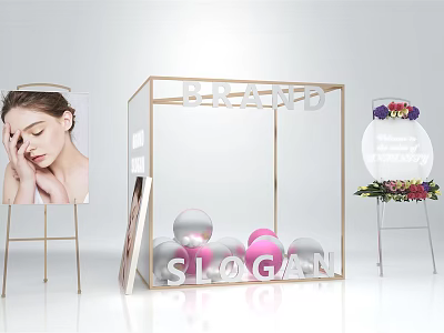 Branded Display Stand With Golden Frame Woman Face Close Up Colorful Spheres And Flower Bouquet 3d model