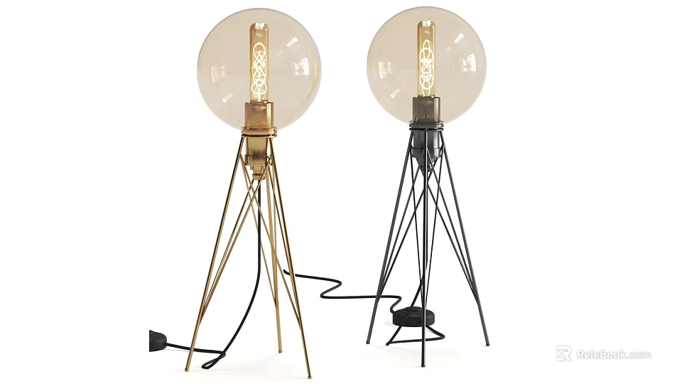 Two Modern Table Lamps With Tripod Base Gold And Black Transparent Spherical Bulb 3d model 
