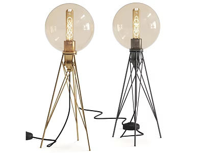 Two Modern Table Lamps With Tripod Base Gold And Black Transparent Spherical Bulb 3d model