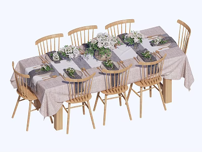 Rustic Wooden Dining Table and Chairs Set With Linen Tablecloth Dinnerware and Flower Arrangement 3d model