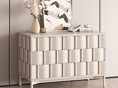 White Woven Texture Console Table in Entryway with Vase Dried Flowers Books Abstract Painting 3d model