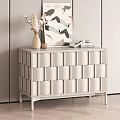 White Woven Texture Console Table in Entryway with Vase Dried Flowers Books Abstract Painting