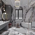 Elegant Bathroom Interior Design With Marble Walls Vanity Round Mirror And Lighting Fixtures
